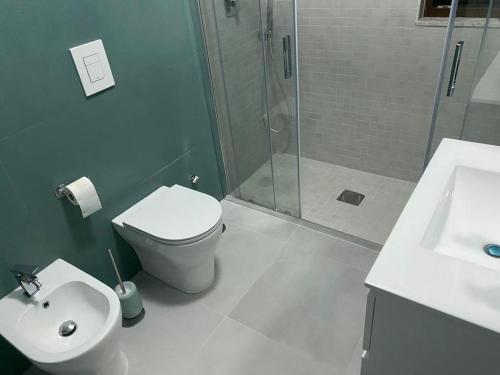 ein Bad mit einem WC, einer Dusche und einem Waschbecken in der Unterkunft Nunzia’s house! in Castel Volturno