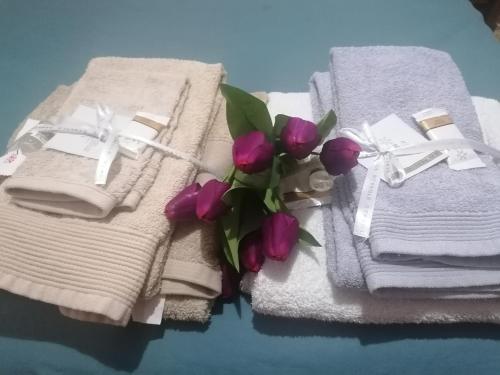 a bunch of towels and purple tulips on a table at Melissa lux in Ciampino