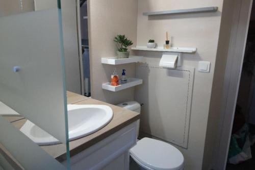 une salle de bain avec des toilettes blanches et un lavabo dans l'établissement Charmant T1bis pied des pistes à Vars les Claux Résidence les Fibieres, à Vars