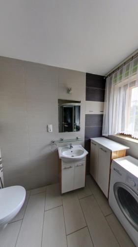 a bathroom with a sink and a washing machine at Apartamenty i pokoje z basenem AVENA Jastrzębia Góra in Jastrzębia Góra