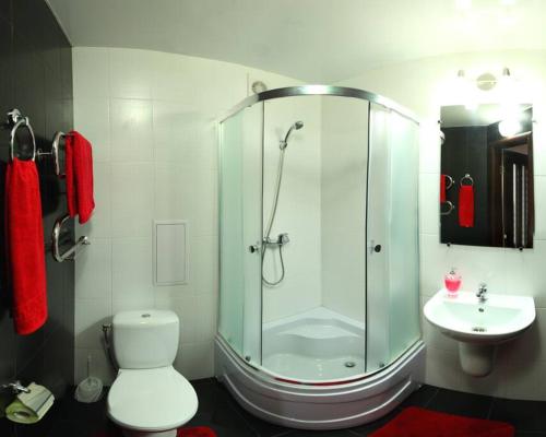 uma casa de banho com um chuveiro, um WC e um lavatório. em Студия и отдельная спальня в Центре em Nikolayev