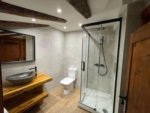 La salle de bains est pourvue d'une douche, d'un lavabo et de toilettes. dans l'établissement CAL SOLDAT, à Os de Civís