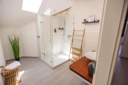 uma casa de banho com um chuveiro e um lavatório. em Neu I Penthouse-Wohnung 100 qm I Blick auf die Weinreben I Nespresso em Auggen
