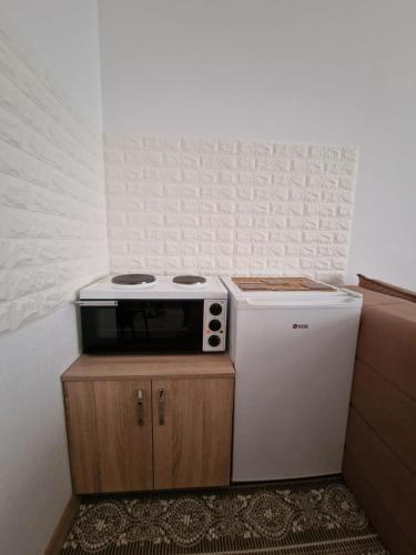 a microwave sitting on top of a refrigerator at Studio Petrovac in Petrovac na Mlavi