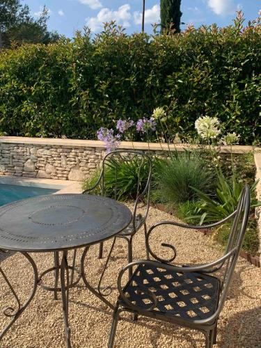 a table and two chairs sitting next to a pool at Le Cabanon de Livia avec piscine privée in Cucuron
