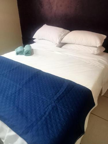 Pretoria的住宿－Queen Light，一张带白色床单和蓝色毯子的床