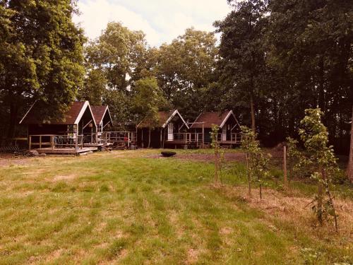 een groep huisjes in een veld met een tuin bij Basic Lodge in Nature in Schagerbrug