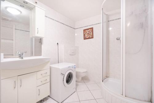 une salle de bains blanche pourvue d'un lave-linge. dans l'établissement Apartment Above the Spring, à Karlovy Vary
