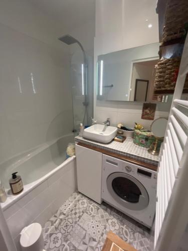 une salle de bain avec une machine à laver et un lavabo dans l'établissement Belle chambre à Montmartre, à Paris