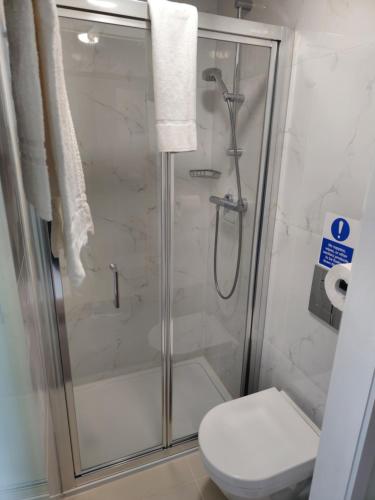 a bathroom with a shower with a toilet at Homefield Lodge in London