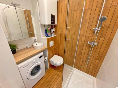 een badkamer met douche en wasmachine bij Studio au coeur de Nice in Nice