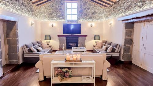 sala de estar con chimenea y TV en Finca Los Ángeles, en Trapiche