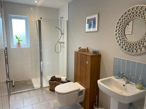 a bathroom with a shower and a toilet and a sink at Sandy Top in Saint Abbs