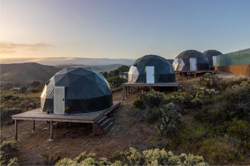 three tents on a hill with mountains in the background at Casa Domo Glamping by BajaHomeStays in Francisco Zarco