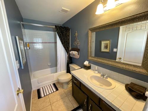 een badkamer met een wastafel, een toilet en een spiegel bij The Inn at 37 Main in Rockville