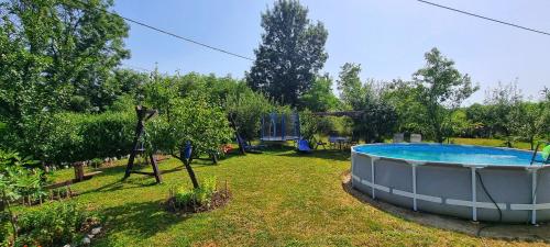 einen Hinterhof mit einem Pool im Gras in der Unterkunft Gajica konak-Orasac in Aranđelovac