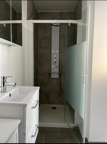 une salle de bain avec douche et lavabo dans l'établissement Nid douillet à La Bresse, à La Bresse
