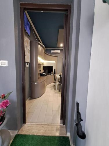 a hallway leading to a room with a green carpet at FLOWER'S HOUSE di Doris Simone in Bari