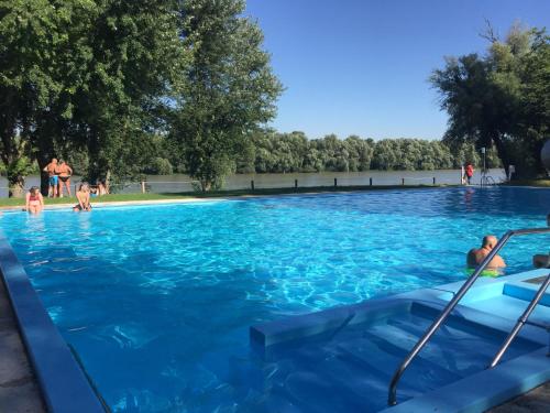 a swimming pool with blue water and people in it at Hercules Turistaház in Szentendre