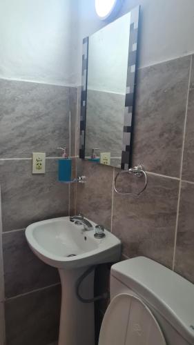 a bathroom with a sink and a mirror and a toilet at Departamento cómodo in La Rioja