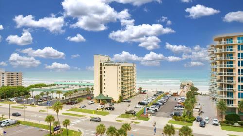 an aerial view of a city with tall buildings at Ocean Views from Your Private Balcony! Sunglow Resort 606 by Brightwild in Daytona Beach Shores