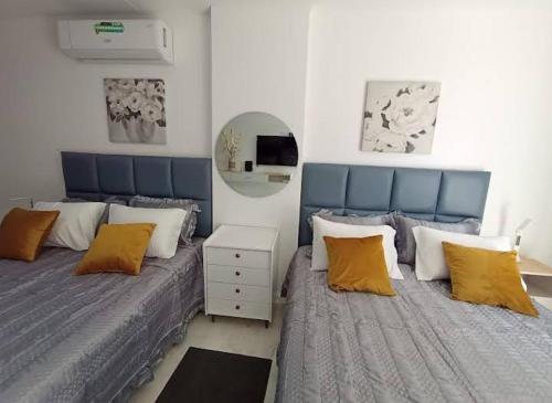 1 Schlafzimmer mit 2 Betten und einem Spiegel in der Unterkunft Departamento Único, Respiro verde in Santa Cruz de la Sierra