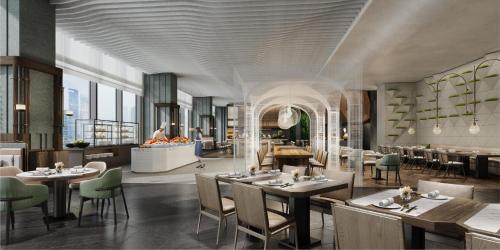 a rendering of a restaurant with tables and chairs at The Westin Yantai in Yantai