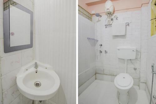 two pictures of a bathroom with a sink and a toilet at Hotel Sai Guest House, Jadavpur kolkata in Kolkata
