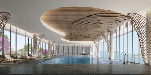 a rendering of a hotel lobby with a pool at The Westin Yantai in Yantai