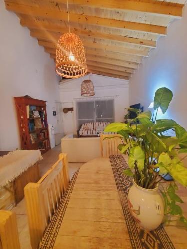 a dining room with a wooden table with a potted plant at Grace’s House, Ezeiza Airport in Monte Grande