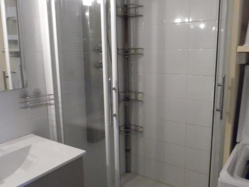 La salle de bains est pourvue d'une douche avec une porte en verre. dans l'établissement Studio Canet-Plage, 1 pièce, 4 personnes - FR-1-750-47, à Canet