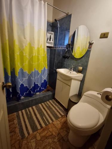 a bathroom with a toilet and a shower curtain at Cabañas La Marca in San Pedro de Atacama