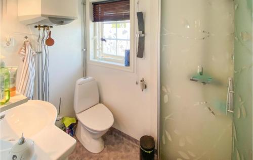 a bathroom with a toilet and a sink and a shower at Awesome Home In Boxholm With Internet And 2 Bedrooms in Boxholm