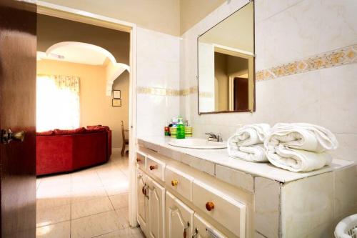 y baño con lavabo y espejo. en Cozy Locale - Gold, en Port Antonio