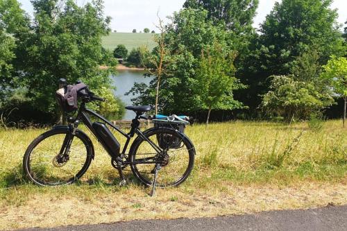 a bike parked in the grass next to a lake at Stilvolle Ferienwohnung im Eichsfeld in Niederorschel