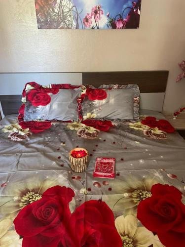 Riambel Paradise Inn Ground Floor Room في Riambel: سرير عليه ورود حمراء وصينية عليه