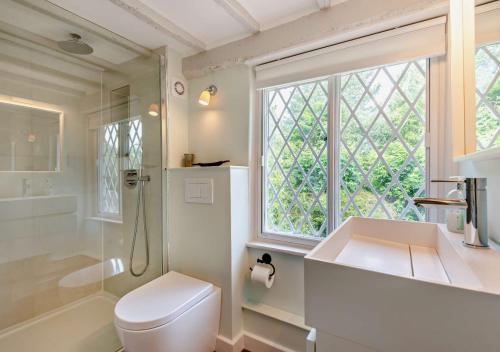 a bathroom with a toilet and a shower and a window at Corner Cottage - Kent in Benenden