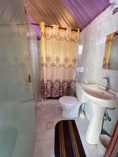 y baño con lavabo, aseo y ducha. en Marina Wadi Rum Camp en Disah