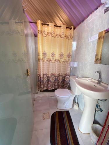 a bathroom with a sink and a toilet and a shower at Wadi Rum Spring Moon & Jeep Tour in Wadi Rum