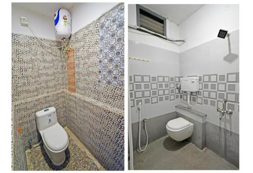 two pictures of a bathroom with a toilet and a shower at The Lotus Villa in Kottakupam
