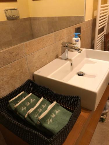 a bathroom sink with two green towels in a basket at Lodge Villa Maria in Teolo