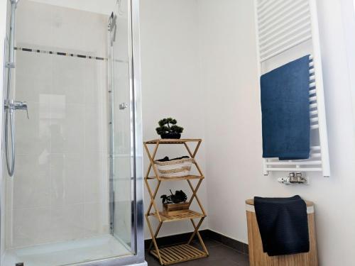 La salle de bains est pourvue d'une douche et de 2 plantes sur une étagère. dans l'établissement La Terrasse du 7ème Art, à Bezons