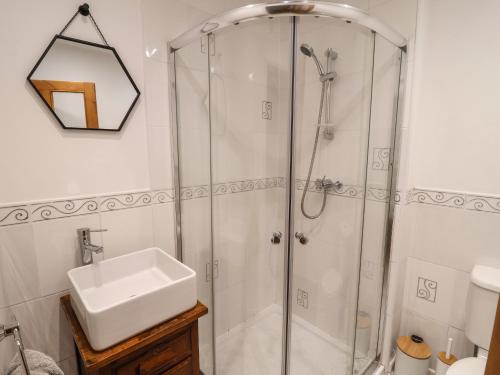 een badkamer met een douche en een wastafel bij Ribble Cottage in Settle