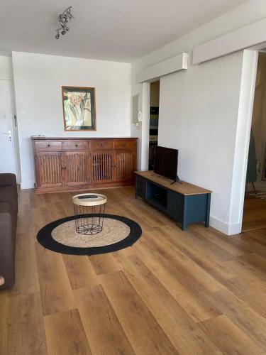 uma sala de estar com um sofá e uma televisão em Appartement port de Saint Gilles les bains em Filaos