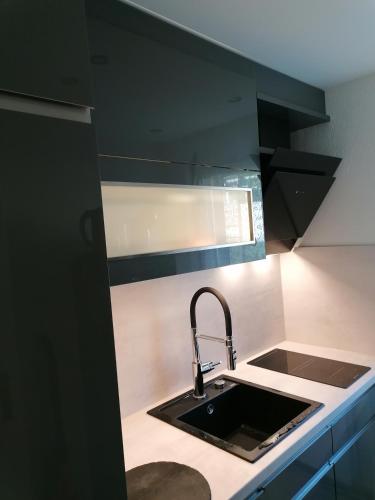 a kitchen with a sink and a counter top at Luxury Voll möblierte 2 Zimmer Appartement Aarau in Küttigen