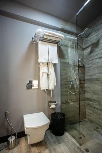 a bathroom with a shower and a toilet and a glass shower stall at Monk House in Yerevan