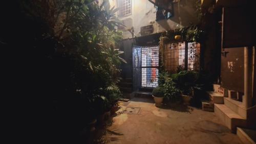 a dark room with plants and a window at Sufi Khandar Home Stay in New Delhi