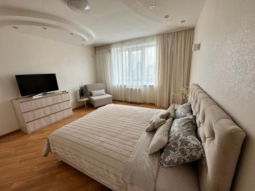 Schlafzimmer mit einem Bett und einem Flachbild-TV in der Unterkunft Apartment 1, Podillya in Winnyzja