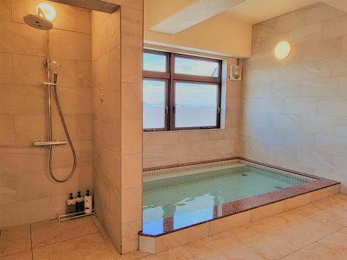 a swimming pool in a bathroom with a shower at Hotel Sunshine Tokushima in Tokushima