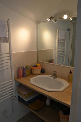 une salle de bain avec un lavabo et un grand miroir dans l'établissement Joli appartement avec jardin, rive droite, à Palavas-les-Flots